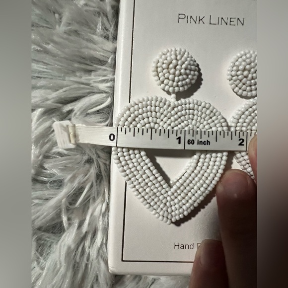 NIB • Pink Linen Hand Beaded White Heart Earrings - Picture 4 of 8